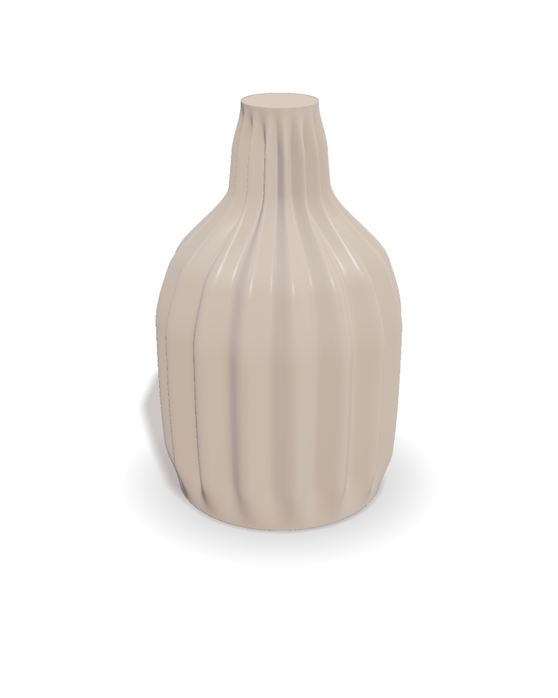 A vessel with a fluted surface, rendered in fired clay