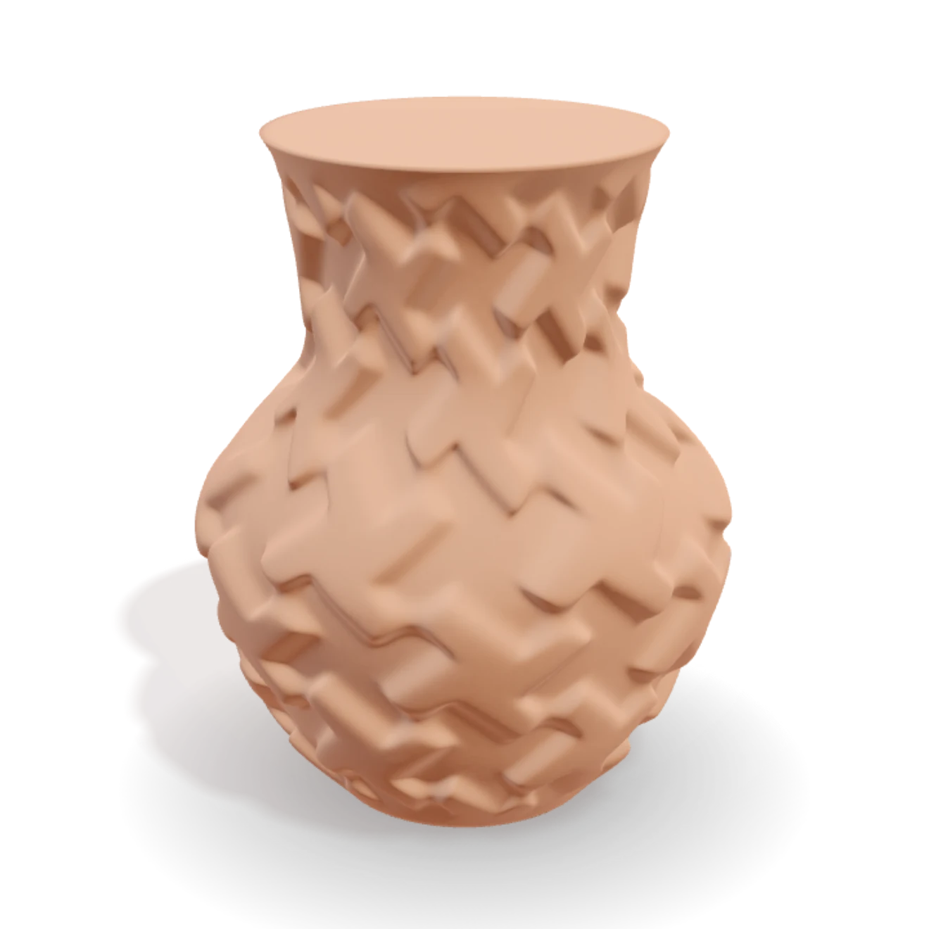 A vessel with a braided surface, rendered in fired clay
