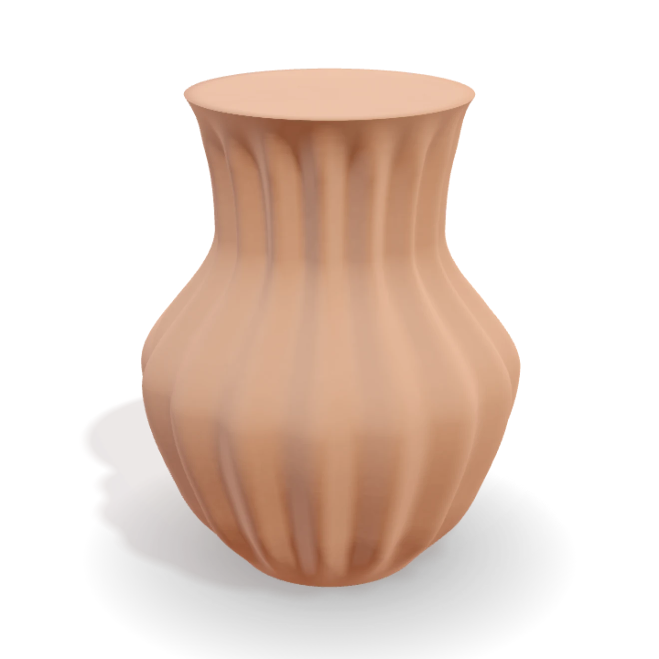 A vessel with a fluted surface, rendered in fired clay