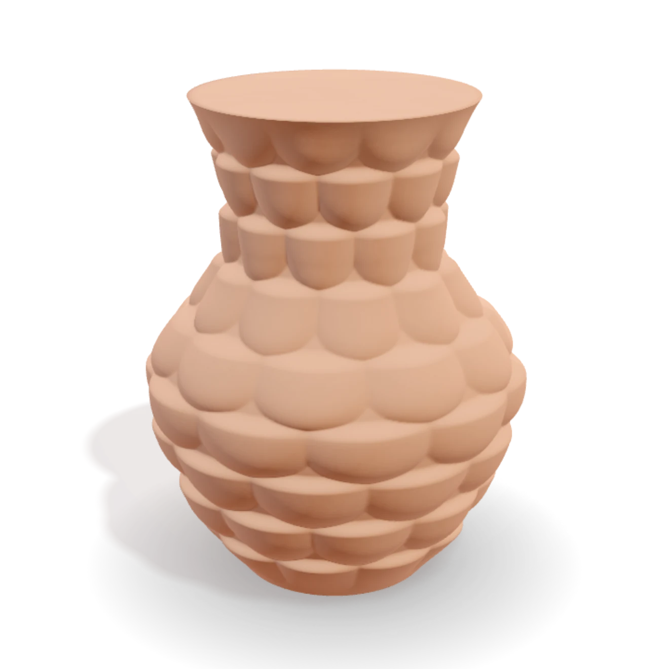 A vessel with a scaled surface, rendered in fired clay