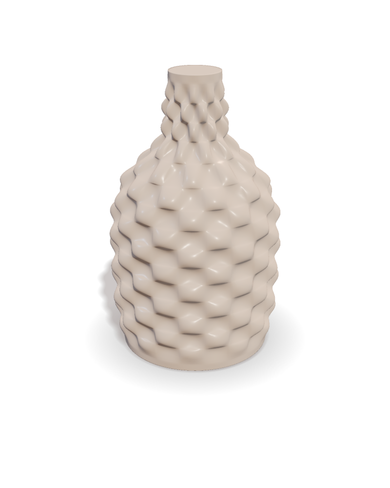 A vessel with a quilted surface, rendered in fired clay
