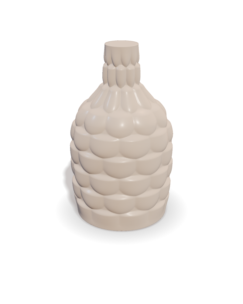 A vessel with a scaled surface, rendered in fired clay
