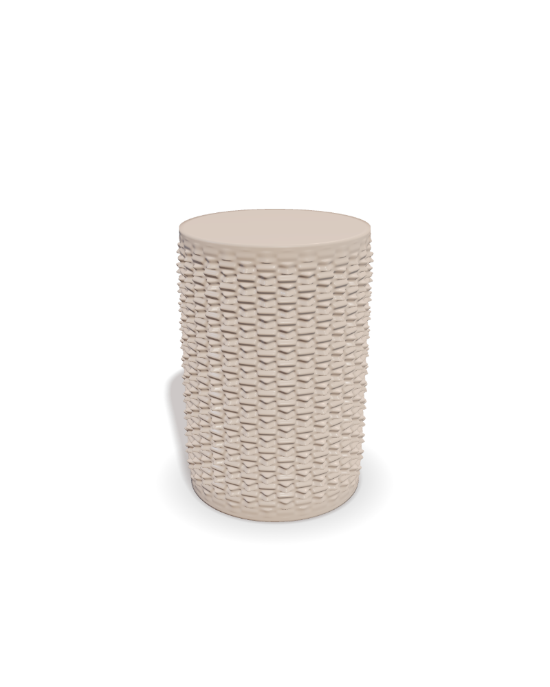 A vessel with a woven surface, rendered in fired clay